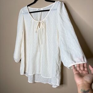 Umgee Women's 1X Blouse  Ivory Tie Front Blouse Gold Metallic Sheer 1XL Career